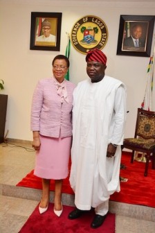 Lagos State Governor, Mr. Akinwunmi Ambode (right), with Founder, Graca Machel Trust & Inaugural Chancellor, African Leadership University, Mrs. Graca Machel Mandela, during a courtesy visit to the Governor, at the Lagos House, Ikeja, on Friday, November 13, 2015