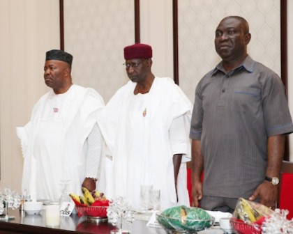 R-L: Deputy Senate President, Ike Ekweremadu, Chief of Staff, Mr Abba Kyari and Senate Minority Leader, Senator Goodwill Akpabio  during presidential Dinner in honor of Senators at the State House in Abuja