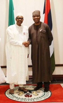 President Muhammadu Buhari and Senator Senator Bukola Saraki during Presidential Dinner in honor of Senators at the State House in Abuja.