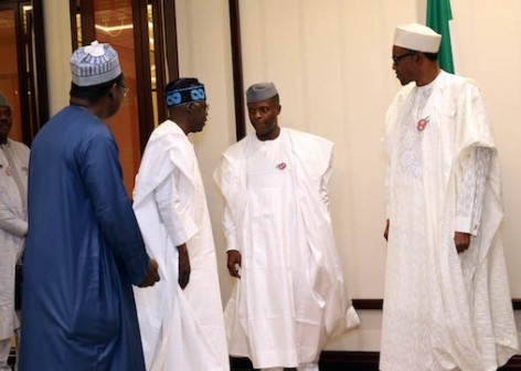 President Muhammadu Buhari, Vice President Yemi Osinbajo SAN, APC Chieftain, Senator Ahmed Bola Tinubu and SCOP, Mr Lawal Kazaure during Presidential Dinner in honor of Senators at the State House in Abuja