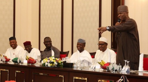 R-L: Senate President,  Bukola Saraki introduces his colleagues to President Buhari and Vice President Osinbajo. Others on the high table are Deputy Senate President, Ike Ekweremadu, Chief of Staff, Mr Abba Kyari and Senate Minority Leader, Senator Goodwill Akpabio  during Presidential Dinner in honor of Senators at the State House in Abuja