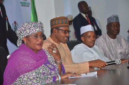 L-R: Taraba governor-elect, Aisha Alhassan; President Muhammadu Buhari; APC Chairman Taraba State, Alh. Hassan Jika- Ardo