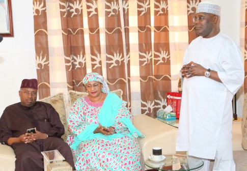 Adamawa State Governor Umar Bindow, Taraba State governor-elect and minister-designate, Senator A'isha Alhassan and former Vice President and chieftain of All Progressives Congress, Atiku Abubakar during a courtesy visit by the Taraba governor-elect and the state APC executive at his residence, in Asokoro, Abuja on Sunday, 08 November 2015