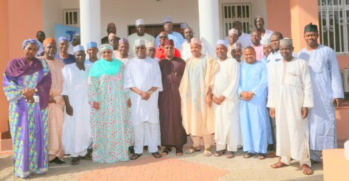 Former Vice President and chieftain of All Progressives Congress, Atiku Abubakar (6th from Right) flanked by Adamawa State Governor Umar Bindow (5th from Right) and Taraba State Governor-elect and minister-designate, Senator A'isha Alhassan (8th from Right) and members of the Taraba APC state executive during a courtesy visit by the Taraba Governor-elect and the state APC executive to his residence, in Asokoro, Abuja on Sunday, 08 November 2015