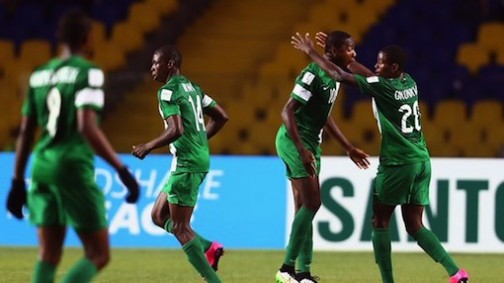 Nigerian players celebrate after scoring against the Mexican side