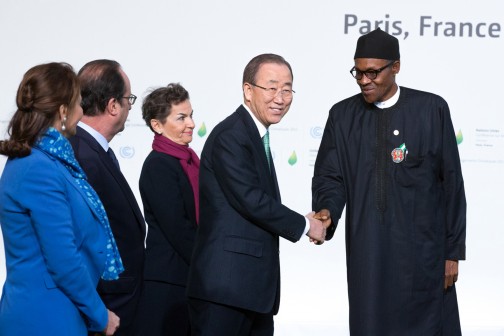 UN CLIMATE CHANGE: President Muhammadu Buhari in a hand shake with UN Sec General, Mr. Ban Ki Moon along with the French President, Mr François Hollande at the opening of the UN Climate Change conference in Paris, France. NOV 30 2015