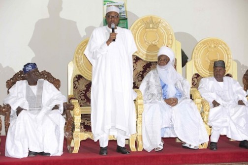 President Buhari speaks at the palace of the Lamido of Adamawa on friday during a courtesy call ahead of his visit to the troops and the IDP. Buhari speaks as Asiwaju Tinubu and Gov. Bindo of Adamawa listen.