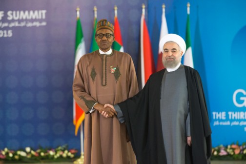 President Buhari received by the President Hassan Rouhani of Iran at the Valenjak Conference Centre in Tehran.