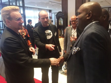 L-R: Lead singer, U2/Co-founder, ONE Campaign, Paul David Hewson “Bono”; Executive Director, Global Strategy, Jamie Drummond and Managing Director, PRM Africa and Executive Producer, All Africa Music Awards (AFRIMA) at the Africa Policy Advisory Board (APAB) Meeting of ONE Campaign Africa held recently at Labadi Beach Hotel, Accra, Ghana. 