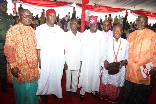 Delta State Governor, Senator Ifeanyi Okowa (2nd left); Edo State Counterpart, Adams Oshiomole (3rd left), former Lagos State Governor, Bola Tinubu (3rd right); Chairman, Vanguard Newspapers, Mr. Sam Amuka (2nd left); immediate past Delta State Governor, Dr, Emmanuel Uduaghan (left) and the NFF President, Mr Amaju Pinnick (right) during the coronation of the new Olu of Warri.   