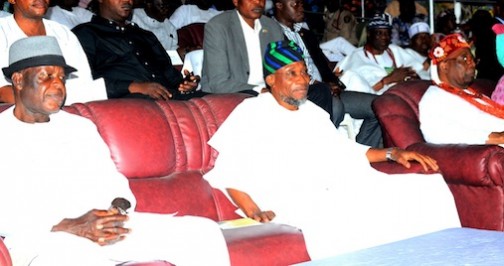 L-R: former Inspector General of Police, Dr. Mike Mbama Okiro, Governor State of Osun, Ogbeni Rauf Aregbesola and Owa Obokun Adimula of Ijesaland, Oba Gabriel Adekunle Aromolaran, during the 2015 Iwude Ijesa Festival, at Owa's Palace on Saturday 26/12/2015