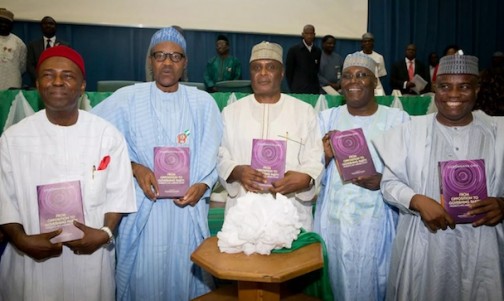 L-R: Ogbonnaya Onu, President Muhammadu Buhari, former Governor of Cross River State, Clement Ebri, former Vice President, Atiku Abubakar and Sokoto State governor, Aminu Tambuwal