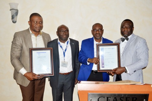 L-R: Arc Seyi Oni of Artec Practice Ltd; Mr. Lawrence Ogudu, representing Messrs DQS of  Germany; Arc Taofik Popoola, Managing Principal of Artec and Arc Samuel Alonge, also of  Artec, during the official presentation of ISO 9001:2008 certificates to Artec by Messrs DQS  in Abuja recently. 
