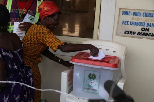 An elderly woman casting her vote at Sagbama, Bayelsa State Photo: Idowu Ogunleye