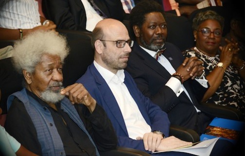 L-R: Prof. Wole Soyinka; Deputy Head of Mission, Kingdom of Netherlands in Nigeria, Mr. Michel Deelen;  General Manager, Policy, Government and Public Affairs, Chevron, Mr. Deji  Haastrup; and Honorary Award Recipient, Mrs. Bimbo Oloyede, , during the 10th award ceremony of Wole Soyinka Centre for Investigative Journalism (WSCIJ) at MUSON Centre in Lagos on Wednesday. Photo: idowu Ogunleye