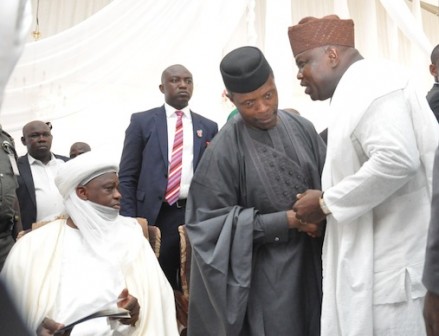 Lagos State Governor, Mr. Akinwunmi Ambode, with Vice President, Prof. Yemi Osinbajo and Sultan of Sokoto, Muhammadu Sa’ad Abubakar, during the Coronation of the new Ooni of Ife, at the Ooni’s Palace, Ile-Ife, Osun State, on Monday, December 07, 2015.