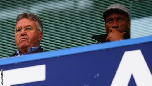 Chelsea manager, Guus Hiddink and Didier Drogba at Stamford Bridge