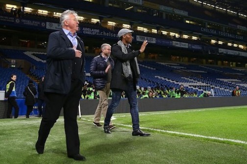 L-R: Guus Hiddink, Didier Drogba and Chelsea owner, Roman Abramhovich walk onto the pitch after Chelsea defeated Sunderland 3-1