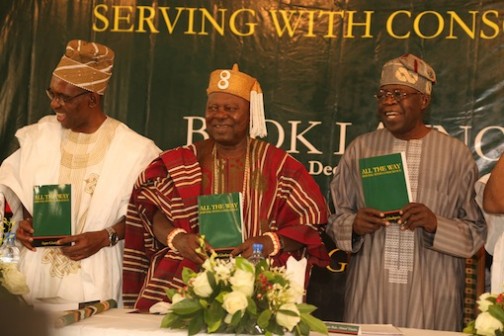 L-R: Book authour, Prof Segun Gbadegesin, Oba Rafiu Osuolale Mustapha, Oba of Igboho and Asiwaju Bola Tinubu
