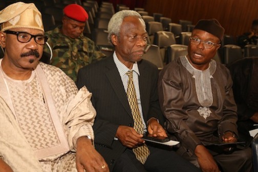 L-R: Senator Olorunnibe Mamora, Hon Wale Oshin and Olu Otubusin Photo: Idowu Ogunleye