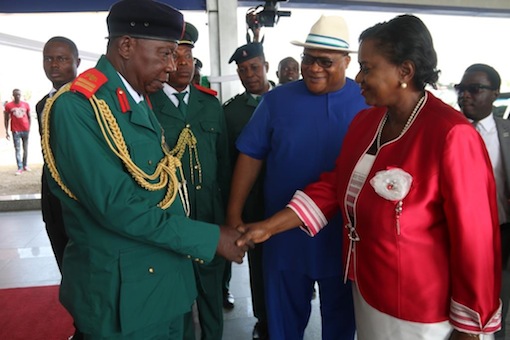 Chairman, Nigeria Legion, Rivers State Command Col. Wilberforce Josiah, welcoming Rivers State Deputy Governor, Dr. Ipalibo Harry Banigo to the 2016 Armed Forces Remembrance Day, while the Secretary to the State Government, Chief Kenneth Kobani looks on