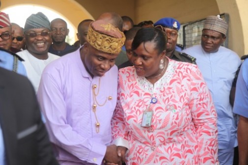 Minister of Transport, Rotimi Amaechi and representative of Rivers State Governor, Mrs Stella Ebere Wigwe at the commissioning of the Port Harcourt -Aba rail line on Wednesday in Port Harcourt 
