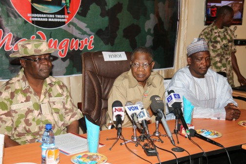  Minister of Information and Culture Alhaji Lai Mohammed flanked by the Deputy Governor of Borno State, Alhaji Usman Durkwa and the Theatre Commander, Operation Lafiya Dole, Maj. Gen.  Y. M. Abubakar during a press conference at  Operation Lafiya Dole Media Centre in Maiduguri to kick-start his visit to some towns liberated by the military from Boko Haram in Borno State. 