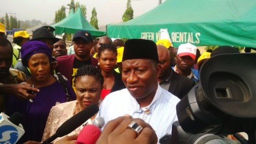 Former Nigerian president, Goodluck Jonathan speaks to journalists after accreditation