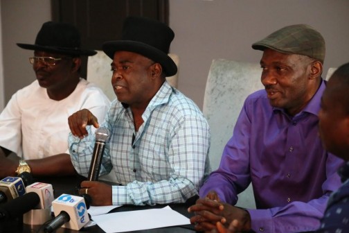 L-R_ Senator Fosta Ogola, acting PDP State Chairman, Barr. Serena-Dokubo Spiff_ South-South PDP Zonal Chairman, Dr. Cairo Ajuogbo, at a press breifing on rescheduled election