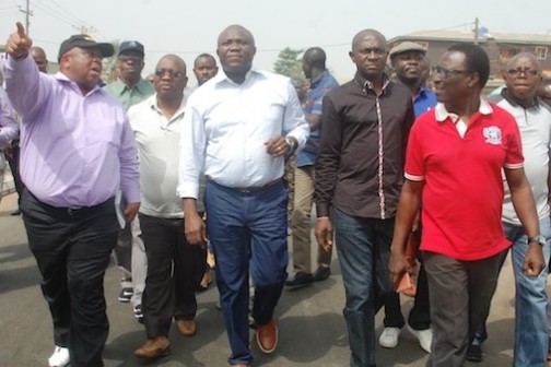 R-L: Lagos State Governor, Mr. Akinwunmi Ambode (middle), Commissioner for the Environment, Dr. Babatunde Adejare; Commissioner for Works & Infrastructure, Engr. Ganiyu Johnson; Commissioner for Energy & Mineral Resources, Mr. Wale Oluwo and General Manager, Lagos State Public Works Corporation (LSPWC), Engr. Ayotunde Sodeinde, during the Governor’s inspection of the newly rehabilitated Alfa Nla Road, Agege, on Thursday, December 24, 2015
