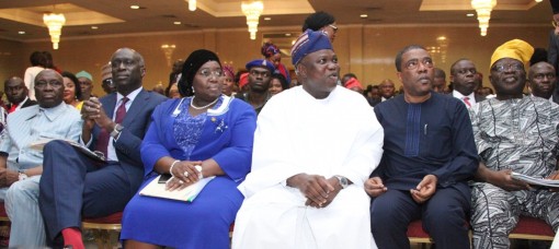 R-L: Lagos State Governor, Mr. Akinwunmi Ambode (3rd right), Chief of Staff to the Governor, Mr. Olukunle Ojo; Senator Ganiyu Solomon; Deputy Governor, Dr. (Mrs.) Oluranti Adebule; Chairman, Lagos State Security Trust Fund (LSSTF) Board of Trustees, Mr. Oye Hassan-Odukale and Retired Inspector General of Police, Alhaji Musiliu Smith, during the 9th Security Town Hall meeting with the theme – Refreshing Our Security Model, organised by the Lagos State Security Trust Fund (LSSTF), at the Civic Centre, Ozumba Mbadiwe Street, Victoria Island, Lagos, on Tuesday, December 15, 2015.
