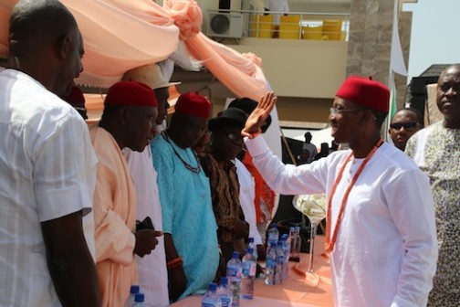 Delta State Governor, Senator Ifeanyi Okowa (right) greeting dignitaries during his daughter's marriage