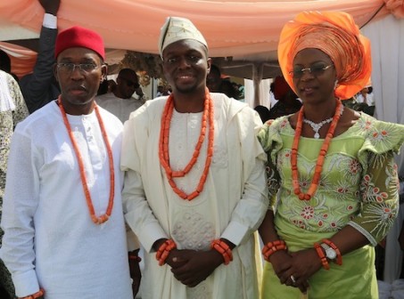 Delta State Governor, Senator Ifeanyi Okowa (left); his wife, Edith and their son In-law, Mr Gbolahan Daramola