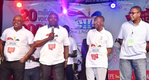 Lagos State Governor, Mr. Akinwunmi Ambode(2nd left), addressing fun lovers and Agege residents, during the flag off of the One Lagos Fiesta, at the Agege Mini Stadium, Agege, Lagos, on Sunday, December 27, 2015. (L-R) With him are Speaker, Lagos State House of Assembly, Rt. Hon. Mudashiru Obasa; Minister of Information & Culture, Alhaji Lai Mohammed and Commissioner for Tourism, Arts & Culture, Mr. Folorunsho Coker