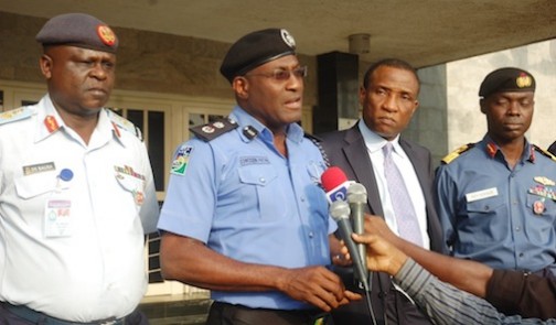 L-R: Commander 435 Base Service Group, Ikeja, Air Commodore Danladi Santa Bausa; State Commissioner of Police, Mr. Fatai Owoseni; Secretary to the State Government, Mr. Tunji Bello and Commander, Nigeria Navy Ship Beecroft Apapa, Navy Commodore Abraham Adaji, addressing Government House Correspondents shortly after an emergency State Security Council meeting presided over by Governor Ambode, at the Lagos House, Ikeja, on Wednesday, December 09, 2015