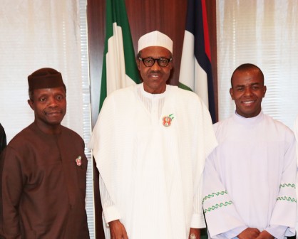 PRESIDENT BUHARI RECEIVES REV FR MBAKA.  President Muhammadu Buhari (C), Vice President Prof Yemi Osinbajo(l) and Adoration Ministry Priest, Rev Father Ejike Mbaka during an audience with President Buhari at the State House, DEC. 18, 2015.