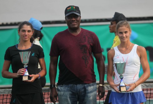 President Lagos Lawn Tennis Club, Barr. Rotimi Edu with winners of women's doubles of Futures 3 of 15th Governor's Cup Lagos Tennis Championship