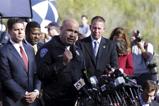 San Bernardino Police Department Chief Burguan speaks during a news conference in San Bernardino, California