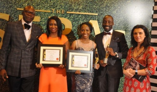 L-R: Founder, Social Enterprise Report and Awards (SERAs), Dr. Ken Egbas; Specialist, Chukwuweta Uraih; Manager, Mrs. Oyetola Oduyemi; Officer, Rose Makinwa all of Corporate Social Responsibility, Etisalat Nigeria and Chair, SERAs Awards Jury, Indira Kartallozi at the SERAs Awards 2015 where Etisalat was adjudged Best Company in Education and Promotion of Gender Equality in Lagos. 