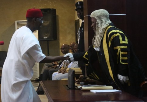 Delta State Governor, Senator Ifeanyi Okowa (left) in warm handshake with the Speaker, Delta State House of Assembly, Rt. Hon. Monday Igbuya, during the Presentation of 2016 Budget, in Asaba.