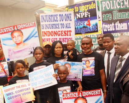 L-R: Children of the late Mrs Idongesit Udoh, Blessing, Mary , Abraham, President Women Arise, Dr. Joe Okei-Odumakin with Elijah Udoh; widower Mr. Godwin Udoh, Barrister Christian Love & Silas Udoh at the hearing on the alleged murder of Idongesit Udoh by Police officer, Museliu Aremu, at the Magistrates' Court, Ebute Metta on Wednesday, 27 Jan.; 2016