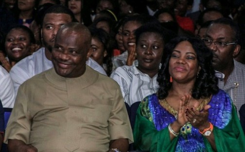 Wife of Rivers State Governor, Justice Suzzette Eberechi Wike,  Rivers State Governor, Nyesom Ezenwo Wike and Speaker of the Rivers State House of Assembly, Adams Dabotorudima   during the last day of the 5 Nights of Glory at the Headquarters of the Salvation Ministries in Port Harcourt on Friday