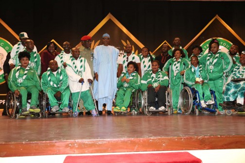 President Muhammadu Buhari's reception for outstanding athletes/officials who did Nigeria proud in recent sports competitions held at the Presidential Villa in Abuja. PHOTO SUNDAY AGHAEZE. JAN 21, 2016