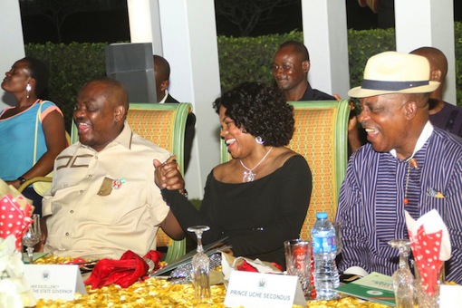 L-R: Rivers State Governor, Nyesom Wike, his wife Justice Suzzette and acting National Chairman of PDP, Prince Uche Secondus at the Rivers State New Year Banquet hosted by  the  Governor on Friday night.