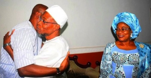 No Love Lost: Governor Ayodele Fayose of Ekiti and his Osun counterpart, Rauf Aregbesola in a warm embrace as Osun deputy governor, Titilayo Laoye-Tomori looks on