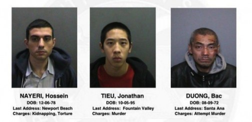 This image provided by the Orange County, Calif., Sheriff's Department on Saturday, Jan. 23, 2016, shows three jail inmates charged with violent crimes who escaped from the Central Men's Jail in Santa Ana, Calif. The men from left are, 37-year-old Hossein Nayeri, charged with kidnapping and torture; 20-year-old Jonathan Tieu, who is charged with murder, and 43-year-old Bac Duong, charged with attempted murder. Sheriff's Lt. Jeff Hallock said Saturday that the inmates were last seen at 5 a.m. on Friday and could have escaped anytime between then and late Friday night. (Orange County Sheriff's Department via AP)