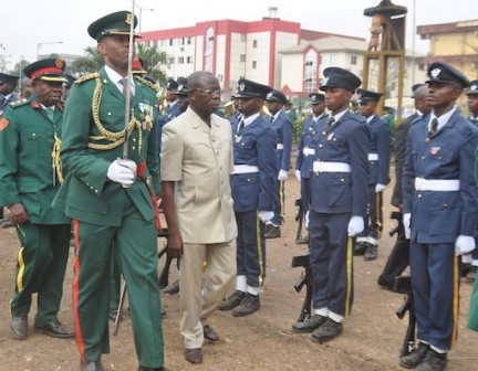 Governor Adams Oshiomhole inspects the parade mounted by soldiers at the 2016 Armed Forces Rememrance Day celebration in Benin City‎