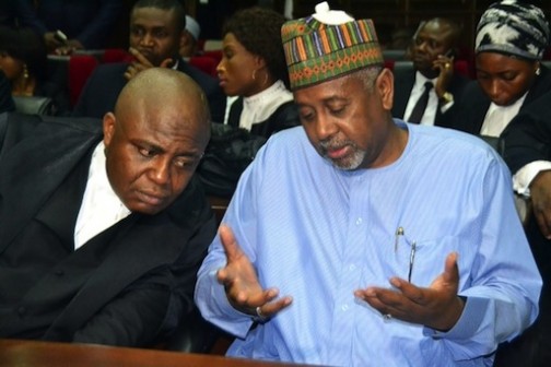 Embattled Sambo Dasuki in court discussing with his lawyer