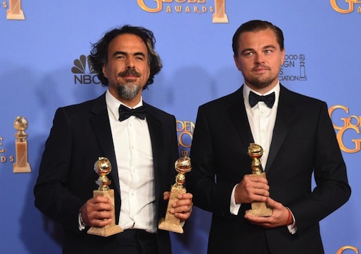 ‘The Revenant’ director Alejandro Gonzalez Inarritu (L) and leading actor Leonardo DiCaprio pose with their awards during the 73nd annual Golden Globe Awards, at the Beverly Hilton Hotel in Beverly Hills, California, on January 10, 2016 (AFP Photo/Frederic J Brown)