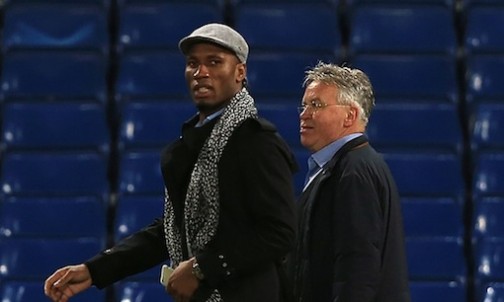 Didier Drogba, left, has been repeatedly linked with Chelsea since Guus Hiddink rejoined and watched the first match since José Mourinho’s sacking alongside the Dutchman. Photograph: Adam Davy/PA